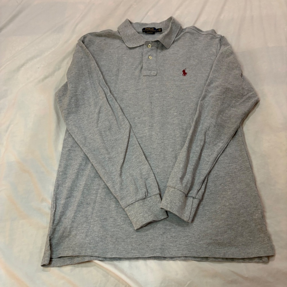 Polo Ralph Lauren Mens Custom Slim Fit Long Sleeve Polo Shirt Grey Large